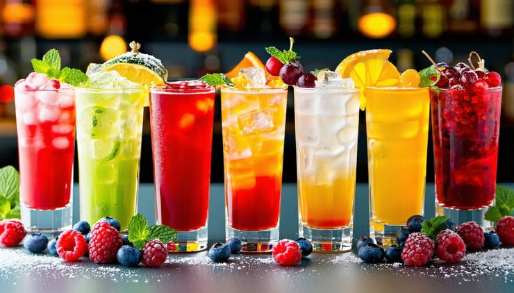 An array of vibrant, unique cocktails on a festive party table