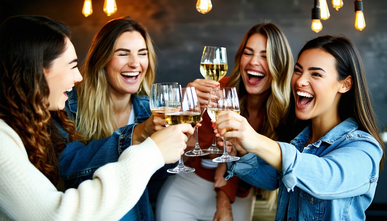 Group of friends laughing and clinking glasses